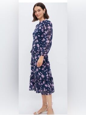 Tuckernuck hyacinth house Floral Long Sleeve Navy & Lilac Midi Dress small